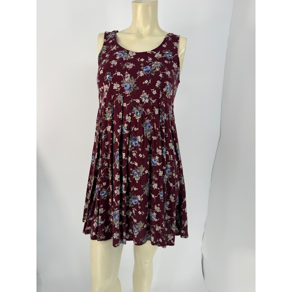 1990s Liz California Burgundy Floral Rayon Babydoll Dress Grunge Cottagecore 3
